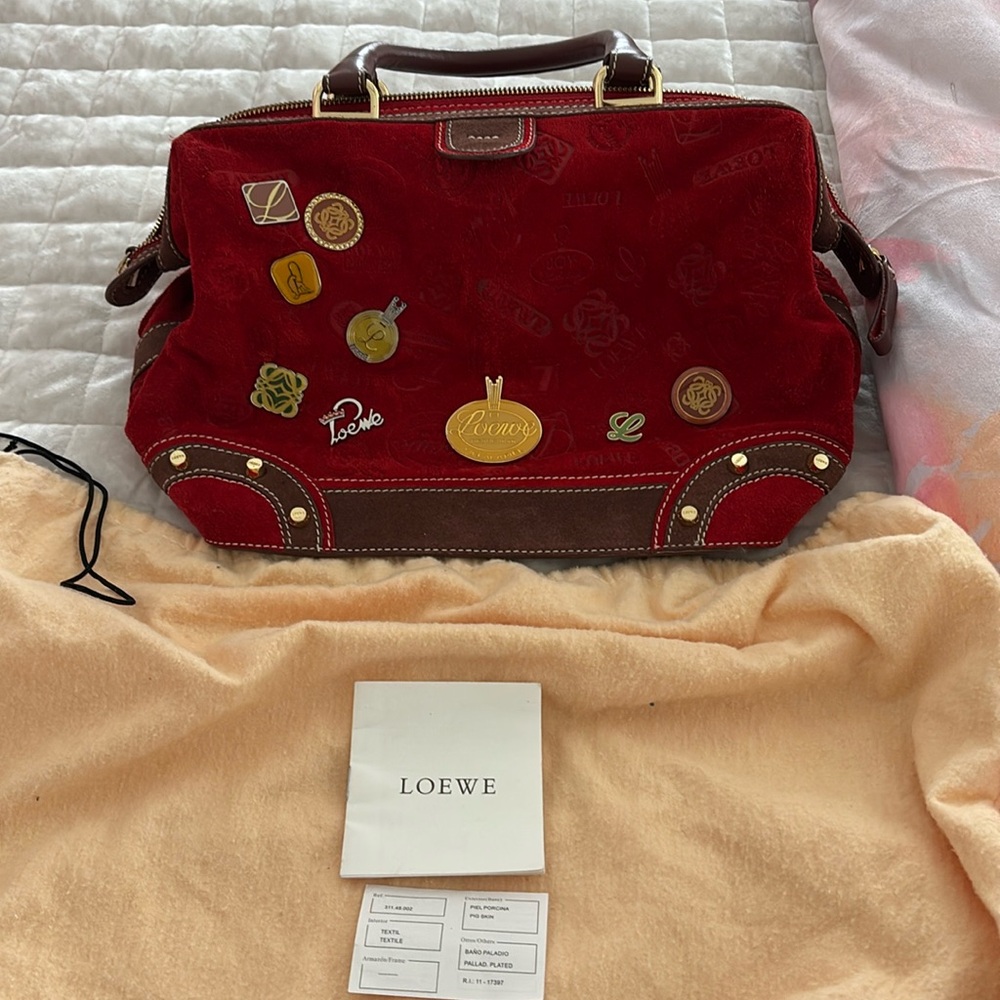 LOEWE 160th Anniversary Hand Bag Red Suede Embossed Leather With  Pins